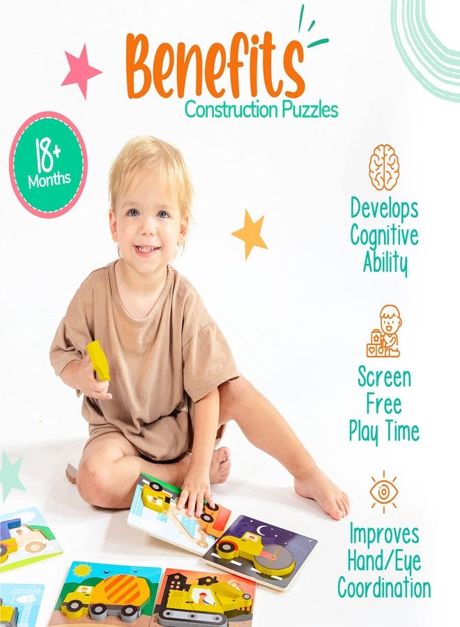 Klevly 6 PK Construction Wooden Toddler Puzzles Ages 2-4 | Wooden Puzzles for Toddlers 1-3 | Montessori Toys for 2 Year Old | Learning for 2+ Year Olds - Image 2